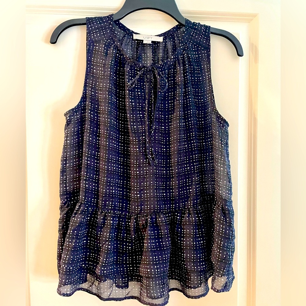 Ann Taylor Loft Flowy Fairy Whimsy Pheasant Sleeveless Sheer Navy Black w/ Bow S